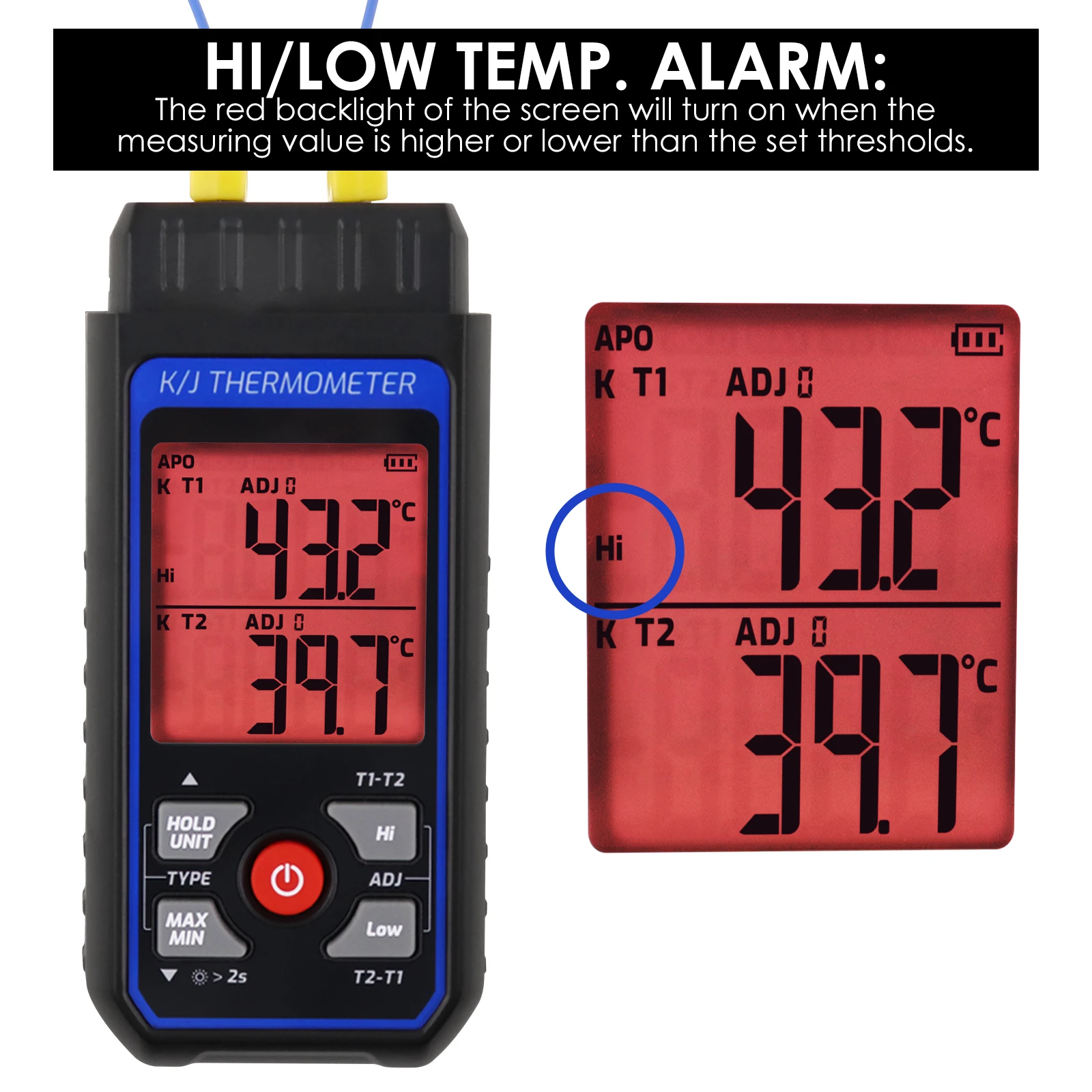 Imagem -05 - Termômetro Termopar Digital tipo k j para Medição de Temperatura Digital T1-t2 com Luz de Fundo e Compensação de Temperatura