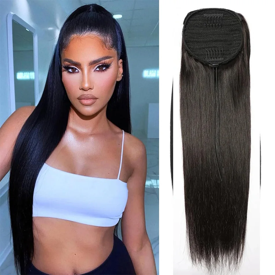 

Straight Ponytail 100% Real Human Hair Drawstring Ponytail Clip In Hair Extensions Brazilian Natural Black 20 24 26inch