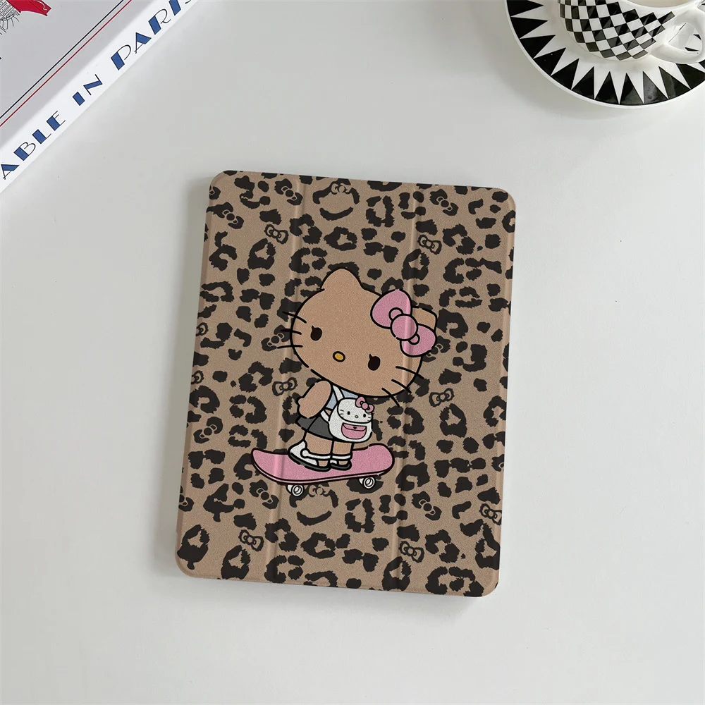 Cute Leopard Skateboard HelloKitty Tablet Case Suitable for A16 2024 11 2025 Air 5/4 10.9 iPad 10 9.7 10.2/10.5 Mini 6/5 with Pe