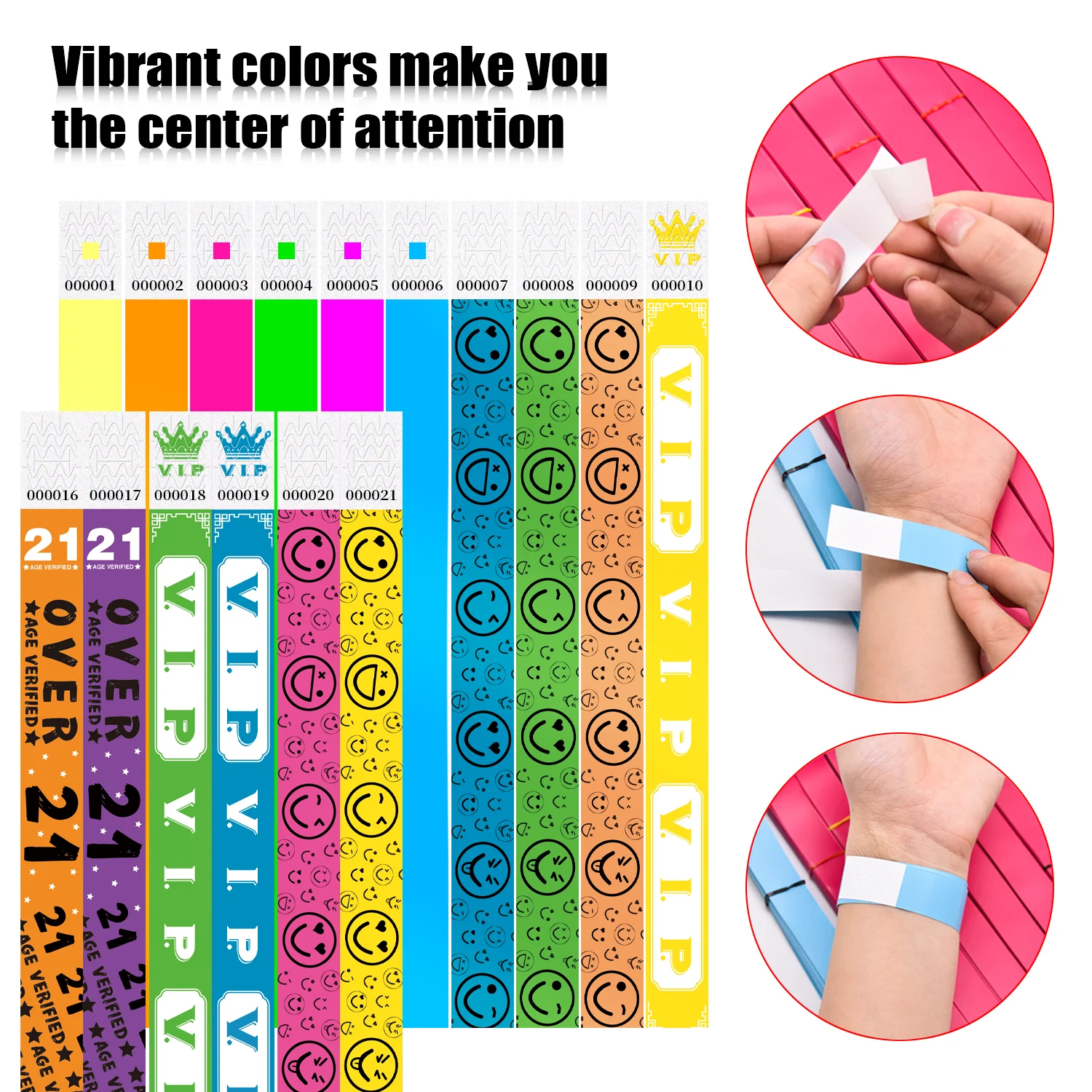 1000pcs Waterproof & Tearproof Fluorescent Disposable Wristbands - Smiley Face VIP Paper  Anti-tamper Identification Bracelets