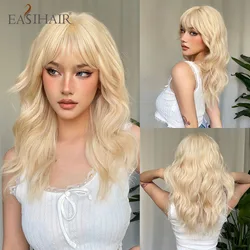 EASIHAIR długie faliste syntetyczne blond peruki z Bangs dla kobiet Platinum codzienne naturalne włosy peruki żaroodporne Cosplay peruki