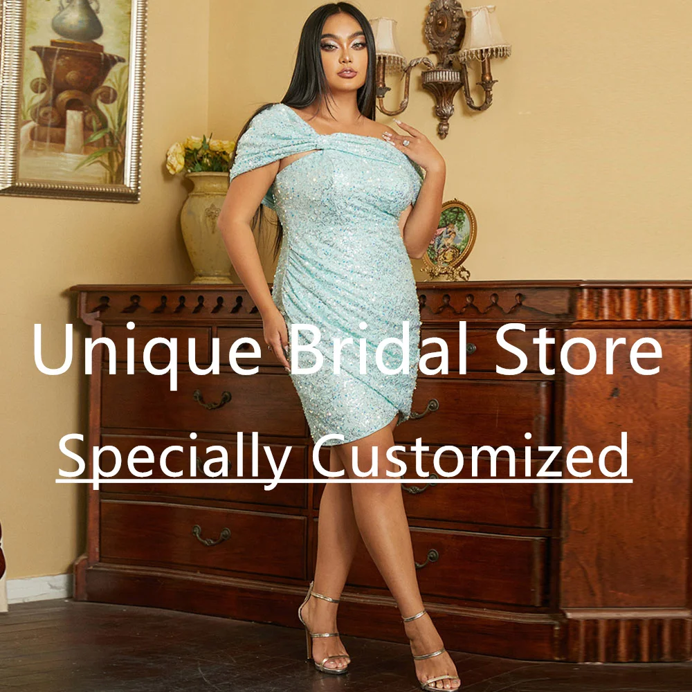 

2023 Sexy Custom Size Sheath Mini Cocktail Dresses One-Shoulder Backless Zipper Sequins Beading Prom Evening