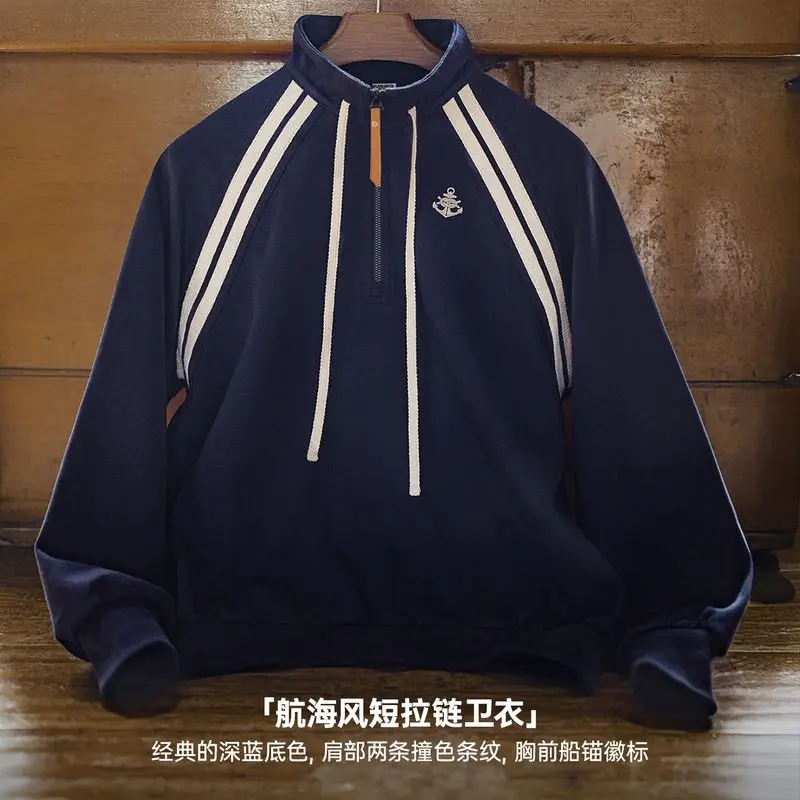 Maden Women’s Vintage Navy Half-zip Sweatshirt Stand Collar Pullover Long Sleeve Preppy Style Cotton Retro Casual Tops Fall