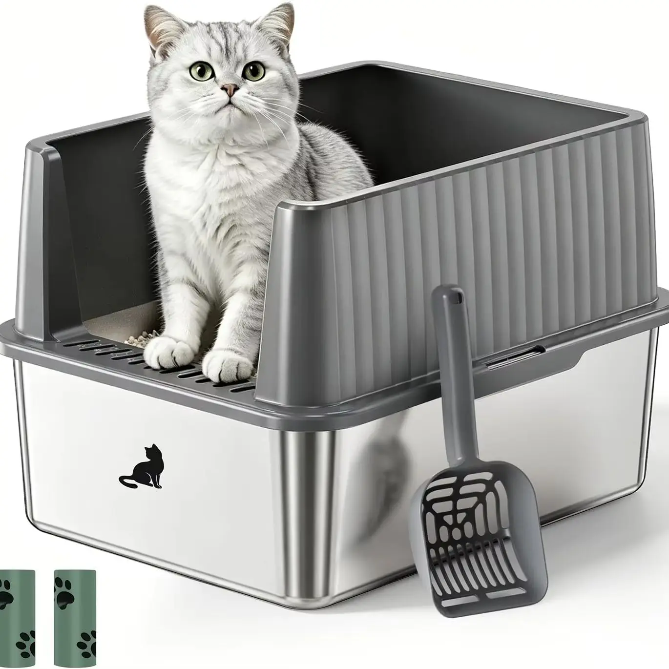 Edelstahl Katzenklo mit Hohem Rand 44 × 34 × 30 cm, Katzentoilette mit Spritzschutz und Anti-Rutsch-Pads, Leicht zu Reinigen, für Katzen und Große Katzen, Grau