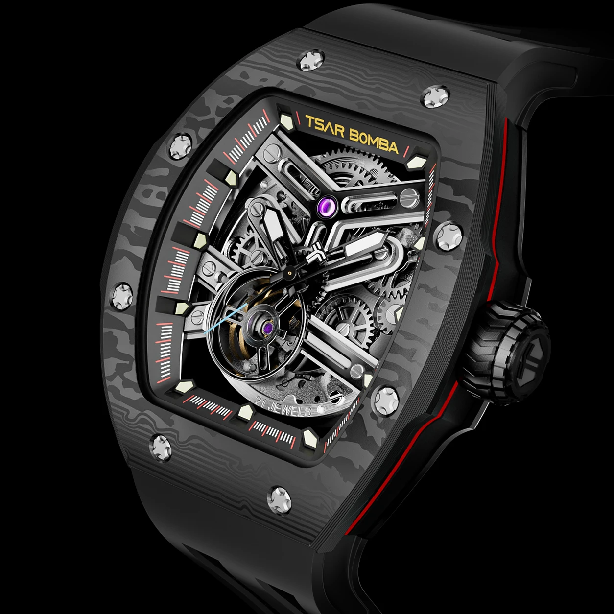 TSAR BOMBA Skeleton Automatic Watch for Men – Carbon Fiber Bezel, DIY Custom Strap, Luxury Mechanical Timepiece
