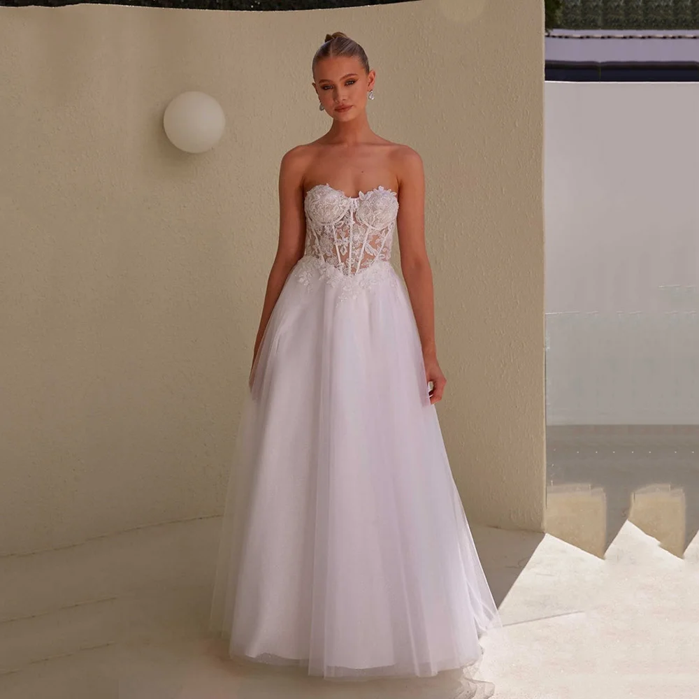 

Msikoods Boho Strapless Lace Wedding Dresses A Line Bridal Gown Tulle Appliques Sheer Corset Lace Up Bride Dress Customized