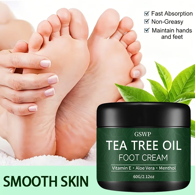 GSWP Crema para pies con aceite de árbol de té, rica en vitamina E, aloe vera, suaviza y alisa la piel, con un aroma fresco de larga duración. 60g/120g
