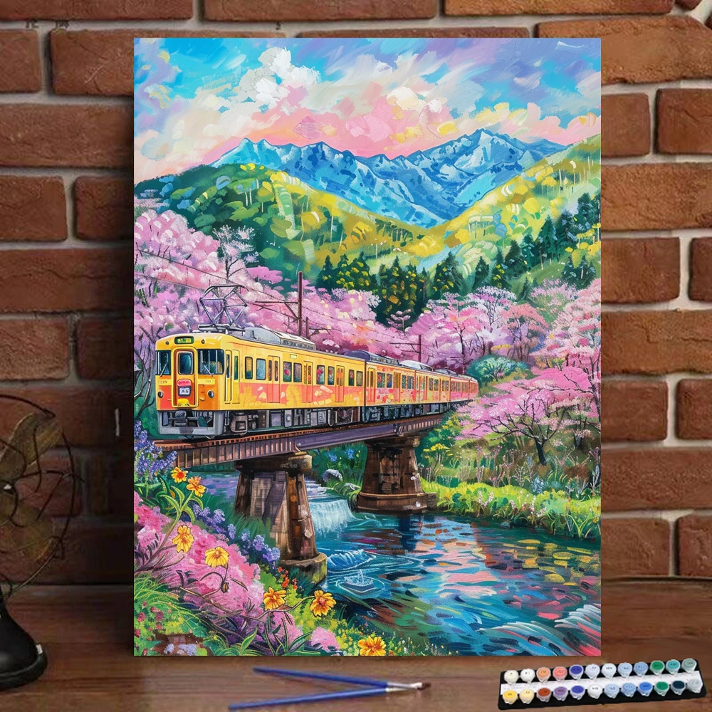 Painting by Numbers Moving Train in the Cherry Blossom Forest Art Culture Digital Painting Handmade Adult Children's Gift Wall D