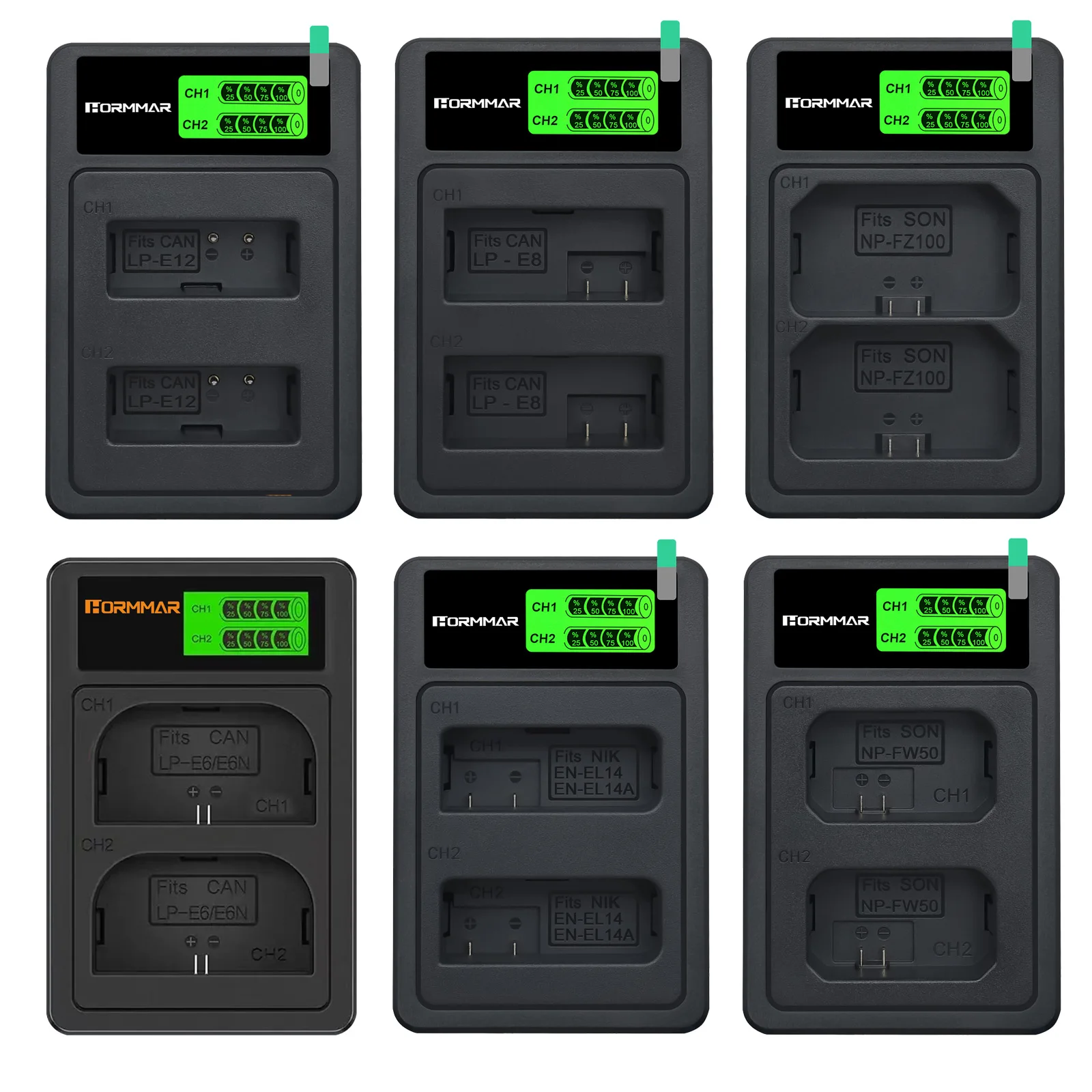 LP-E6 LPE6 LP-E8 LP-E12 LP-E17 NP-FZ100 NP-FW50 EN-EL25 EN-EL15 EN-EL14 EL14 LED Camera Battery Dual Charger