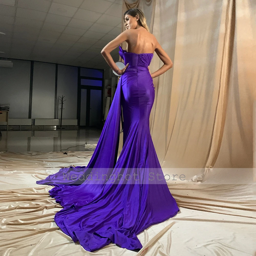 Luxury Satin Purple Party Dress Pleat Draped Side Fork Special Occasion Dresses Mermaid Strapless Long Dresses 2024 Bride Gowns