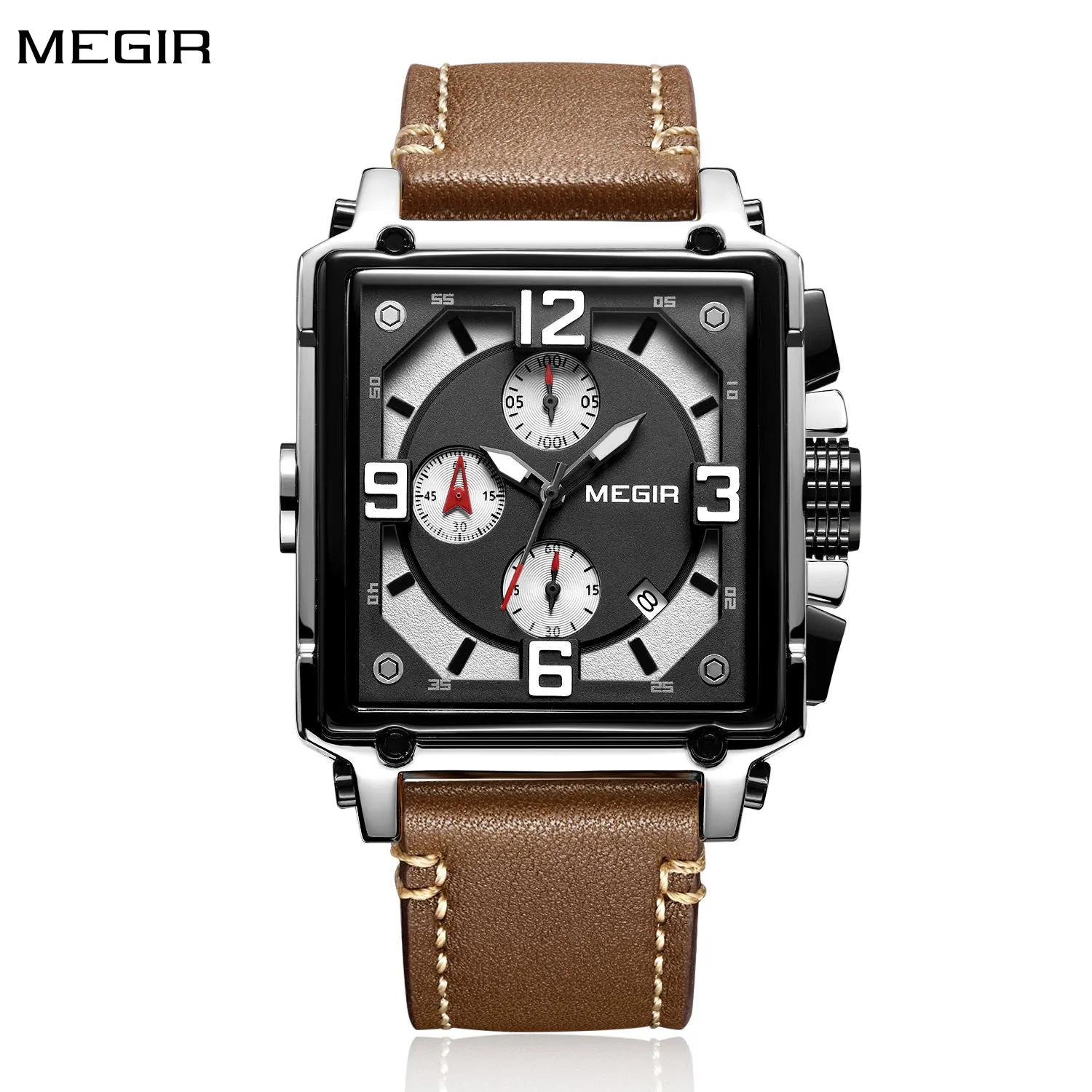 MEGIR Watch Luxury Men\'s Watches Rectangle Quartz Military Watches Luminous Waterproof Wristwatch Calendar Male Chronograph 2061