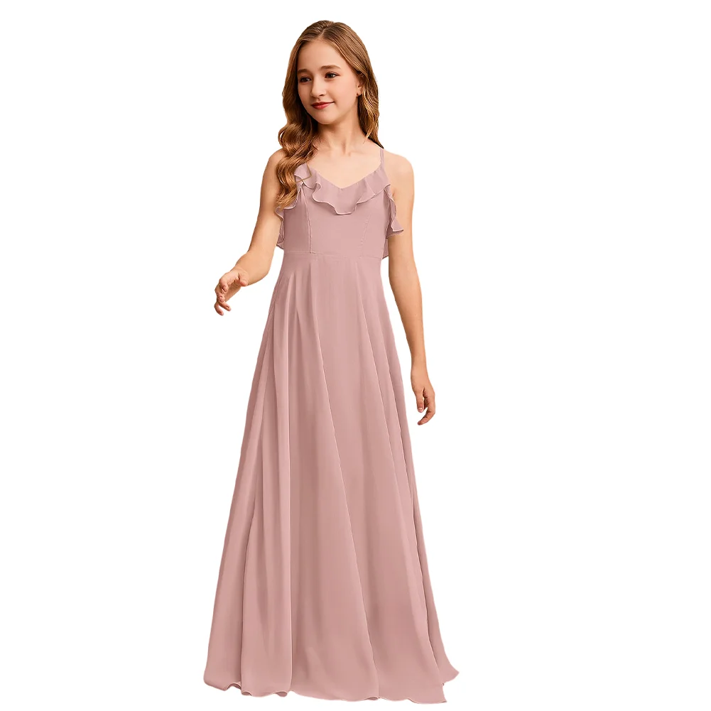 Синее платье подружки невесты с v-образным вырезом, платье с цветочным узором для девочек, шифоновое платье трапециевидной формы длиной до пола, детское платье для девочек, праздничная, свадебная, официальная одежда