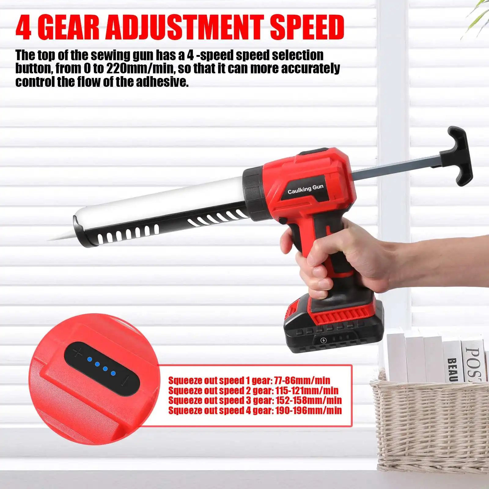 Cordless Caulking Gun 4 Adjustable Speed Electric Caulk Adhesive Gun with 2000mA Li-Ion Battery Silicone Gun for Filling Sealing