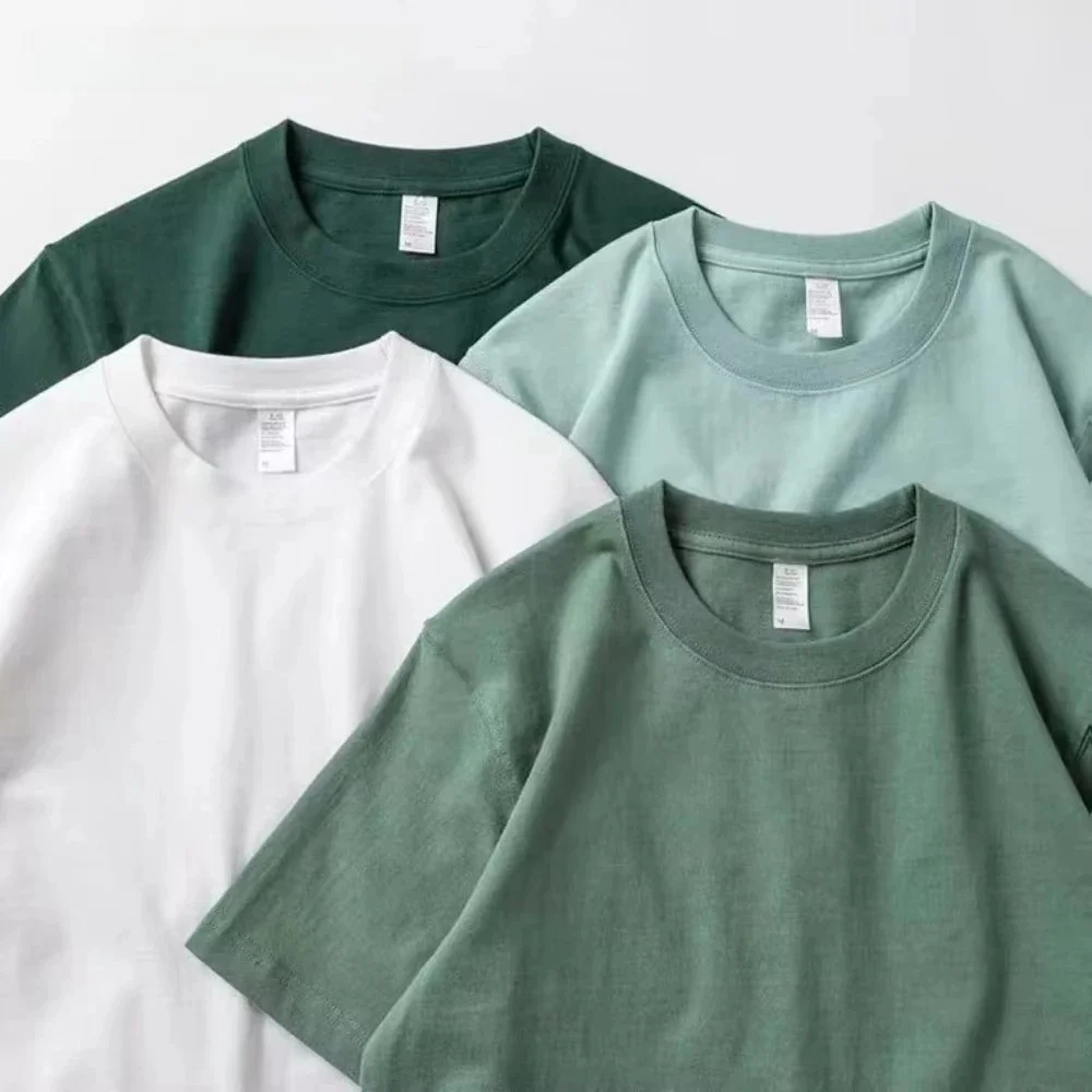 Été hommes femmes vert T-shirt 200g coton à manches courtes haut coréen T-shirt vert épais coton demi-manches T-shirt Streetwear