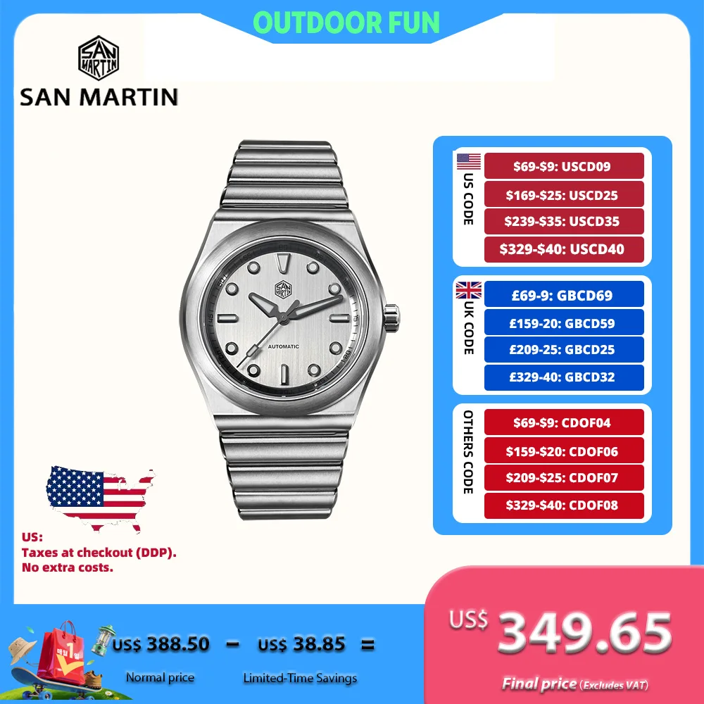 

Новые наручные часы San Martin 40 мм, оригинальный дизайн, матовый циферблат из нержавеющей стали, механизм Miyota 90S5, повседневные, водонепроницаемость 10 бар, интегрированный браслет, SN0149