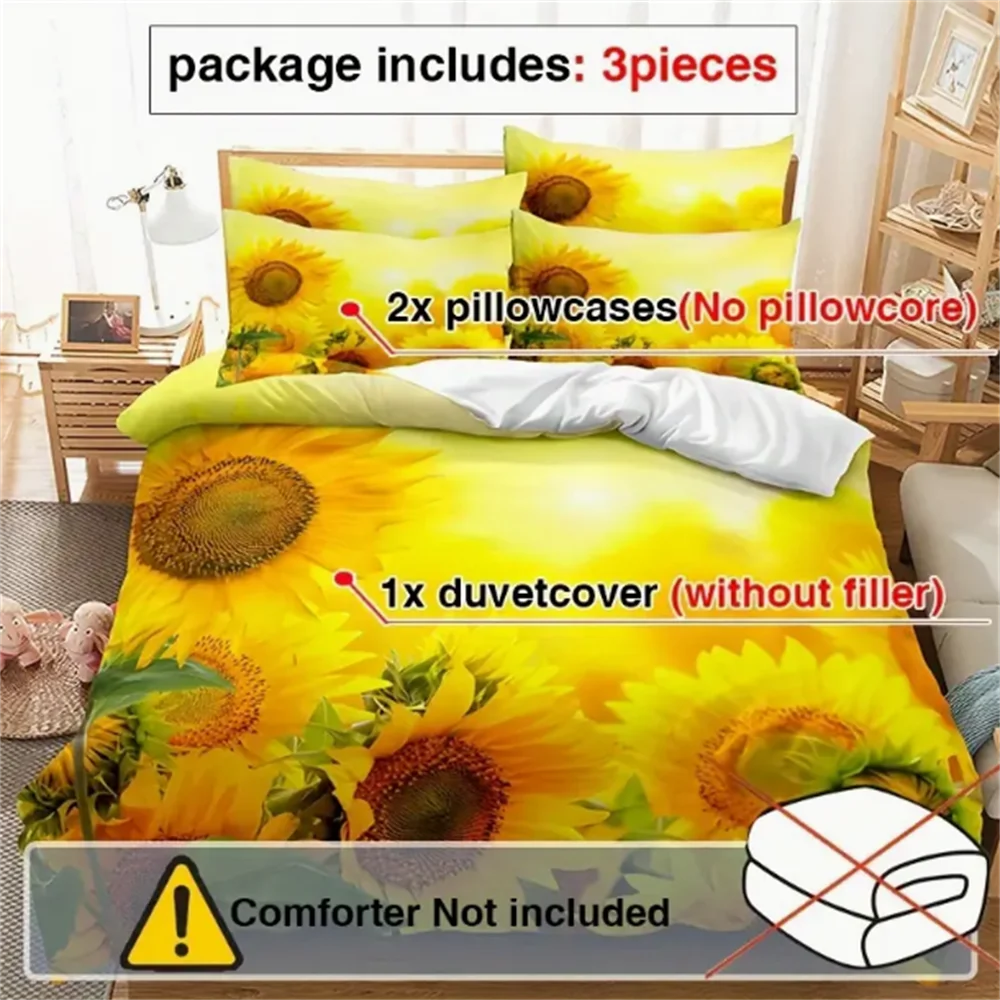 3pcs Sunflower Duvet Cover Set (1*Duvet Cover + 2*Pillowcases, Without Core), 3D Print Plant Flowers Duvet Cover With Pillowcase