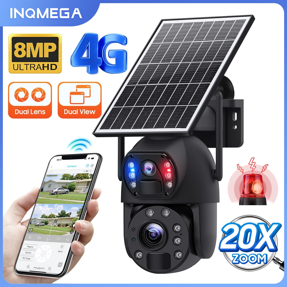 INQMEGA 4K 8MP 4G Solar Camera 20X Zoom Dual Lens PIR Human Detection Outdoor WiFi Camera Color Night Vision 360° PTZ IP66