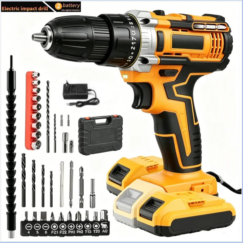 Ensemble de perceuse sans fil 18V, 23 pièces, couple maximal de 45 Nm, mandrin sans clé de 3/8 pouces, perceuse électrique à 2 vitesses et éclairage de travail, moteur à balais de 400 W, perceuse pour bricolage à domicile, 2 batteries incluses