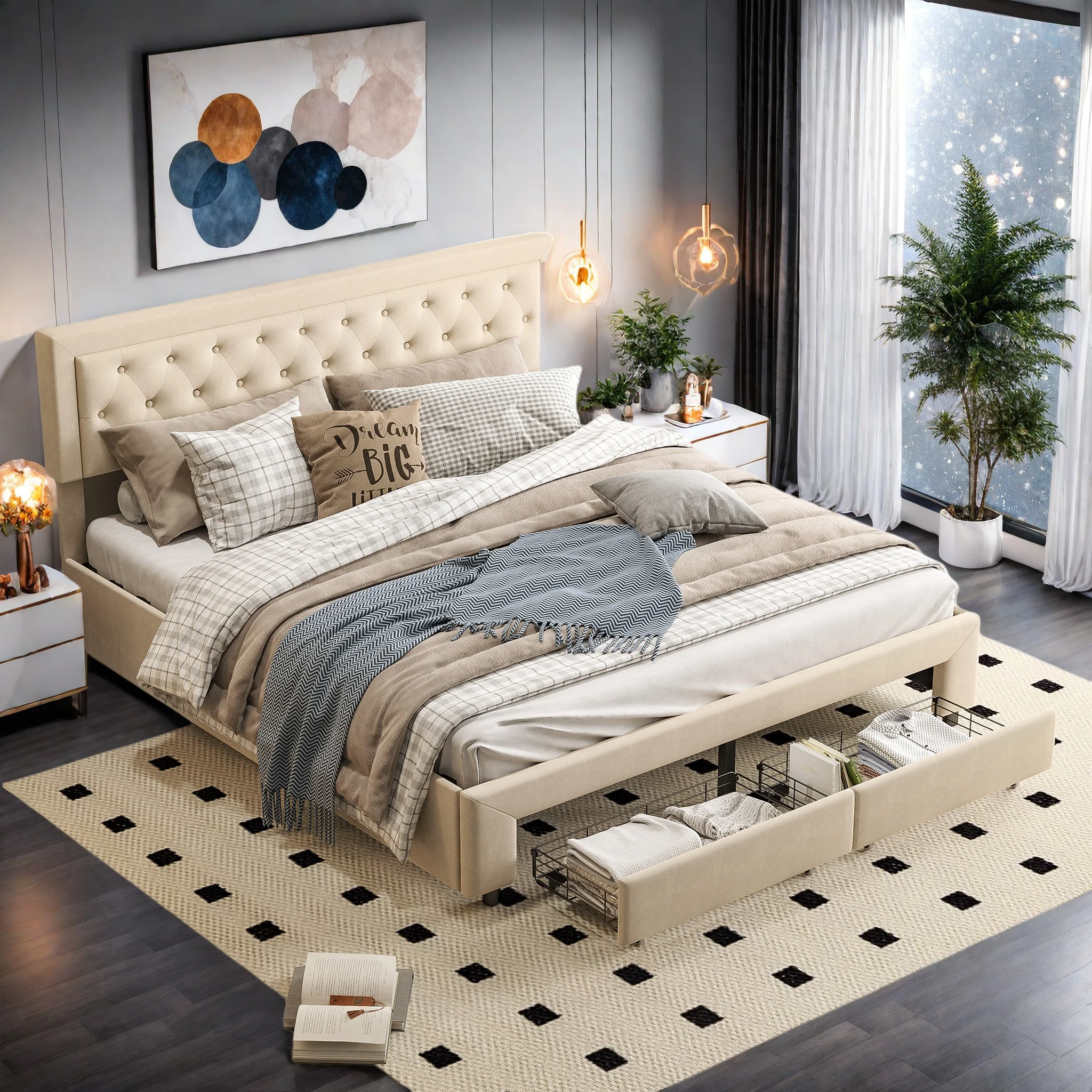 Cama doble tapizada 180x200 cm, estructura de canapé con cajones y espacio de almacenaje, cama juvenil con cabecero, estructura metálica hidráulica y somier de láminas, terciopelo, beige