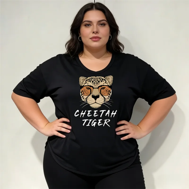 T-shirt da donna con grafica leopardata carina taglie forti 40-150 kg T-shirt casual estiva allentata oversize con stampa tigre ghepardo
