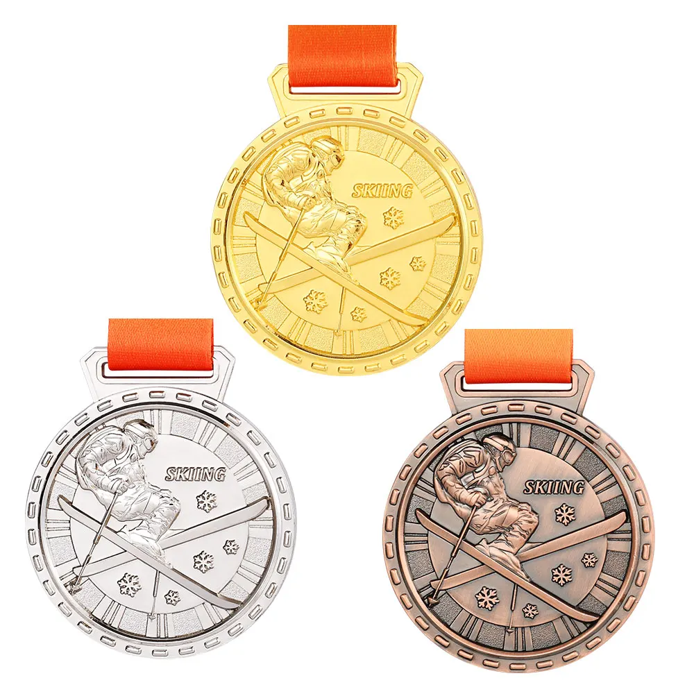 3D Winter Sport Skiing Medals Zinc Alloy Gold Silver Bronze Custom Award Medallion with Good Ribbon Custom Ski Medal Souvenirs