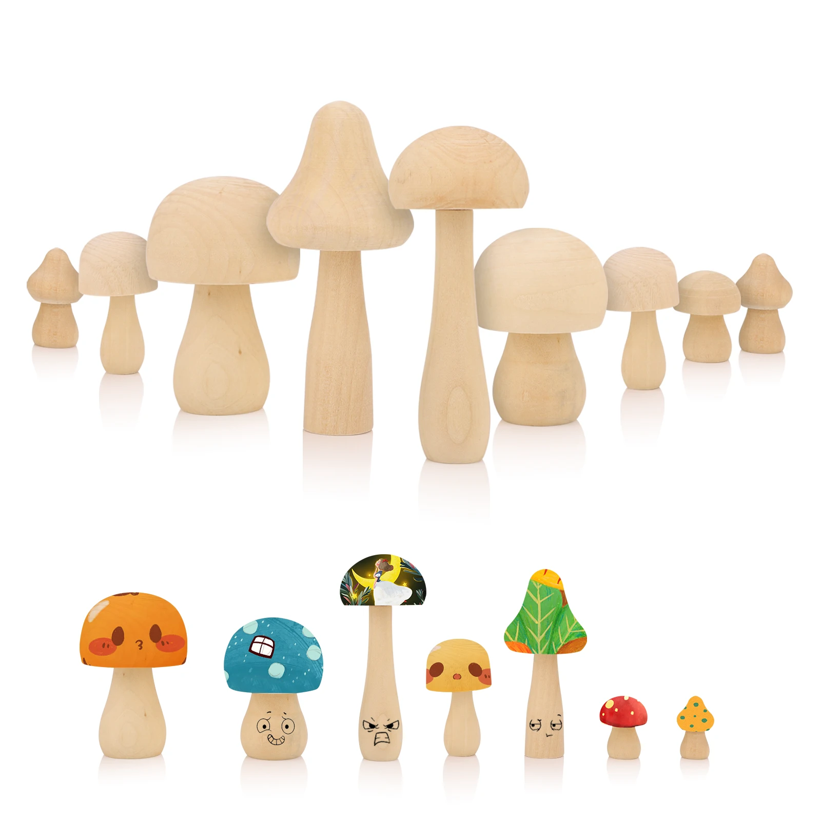 9pcs DIY Small Wooden mushrooms 7 kinds of unpainted wooden mushrooms for children\'s art and DIY crafts