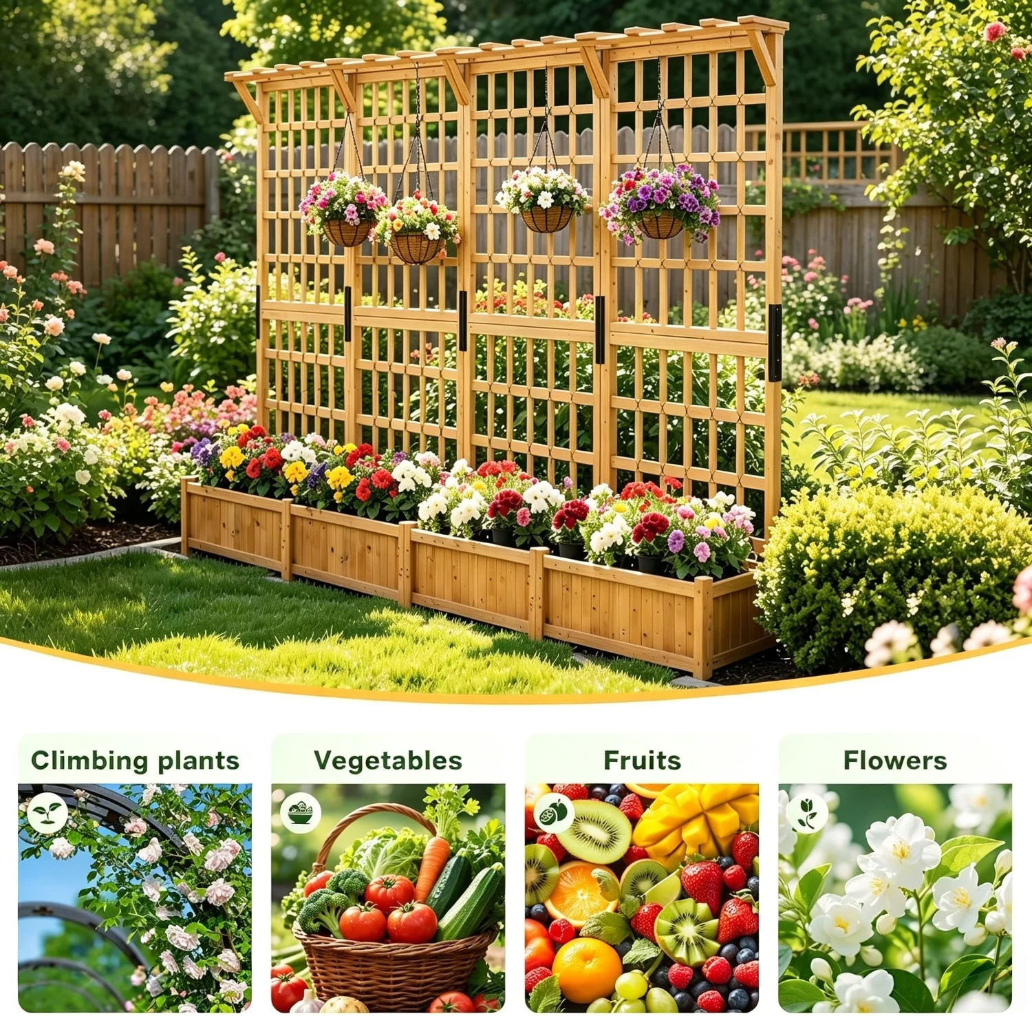 72 Inch Raised Garden Bed With Trellis Wood Planter Container With Hanging Roof And Garden Boxes For Climbing Plants Flowers Vine 2 Piece image 6