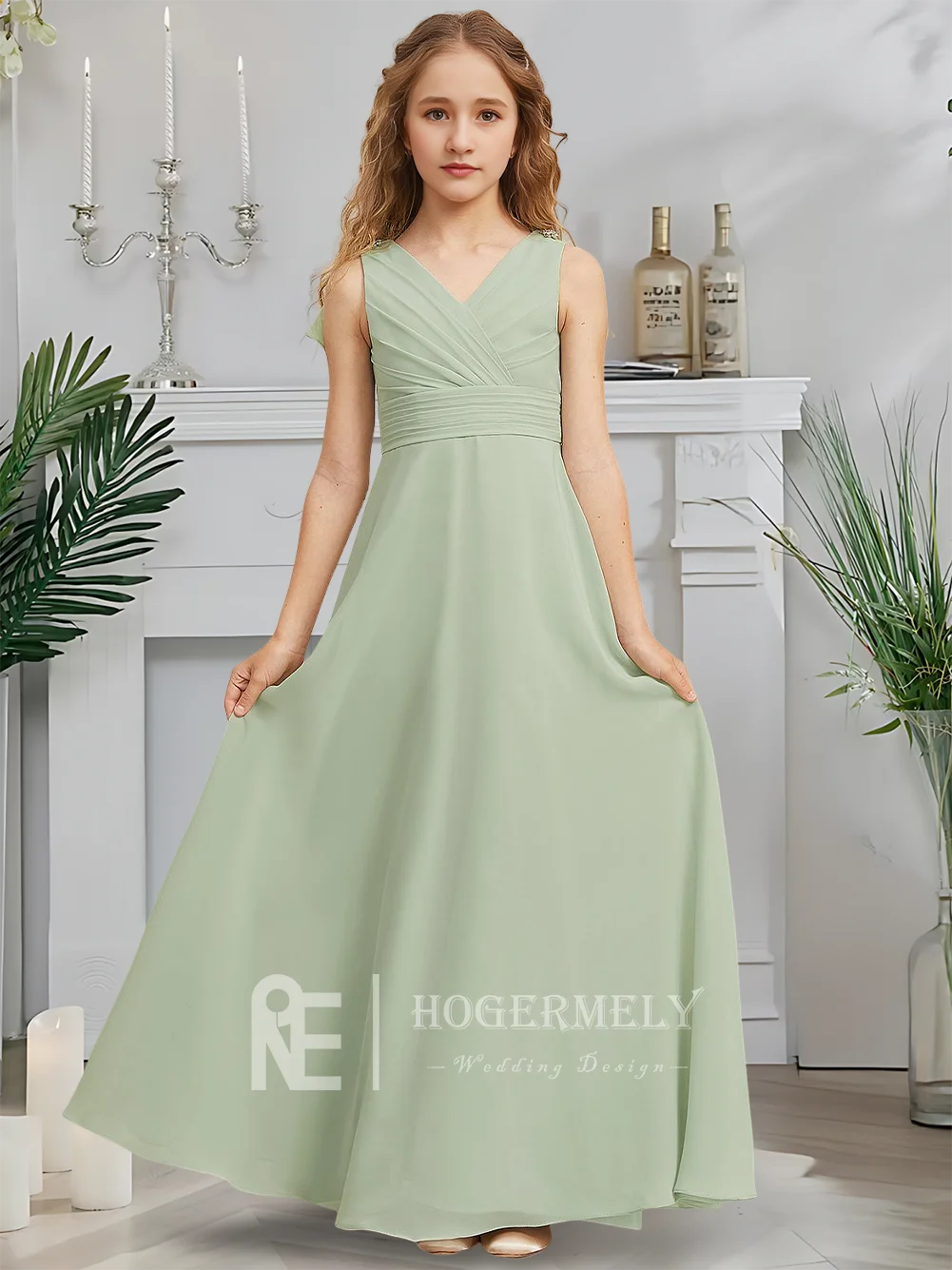 B Aライン ジュニアブライドメイドドレス セージグリーン フラワーガールドレス Vネック マキシレングス シフォン ガーデン ガラ ダンス ウェディングパーティー