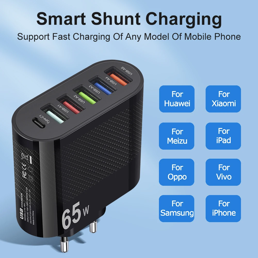 Total 65W USB Type C Charger Multi Ports Fast Charging Phone Charge Adapter For iPhone Samsung Xiaomi EU/US/UK Plug Quick Charge