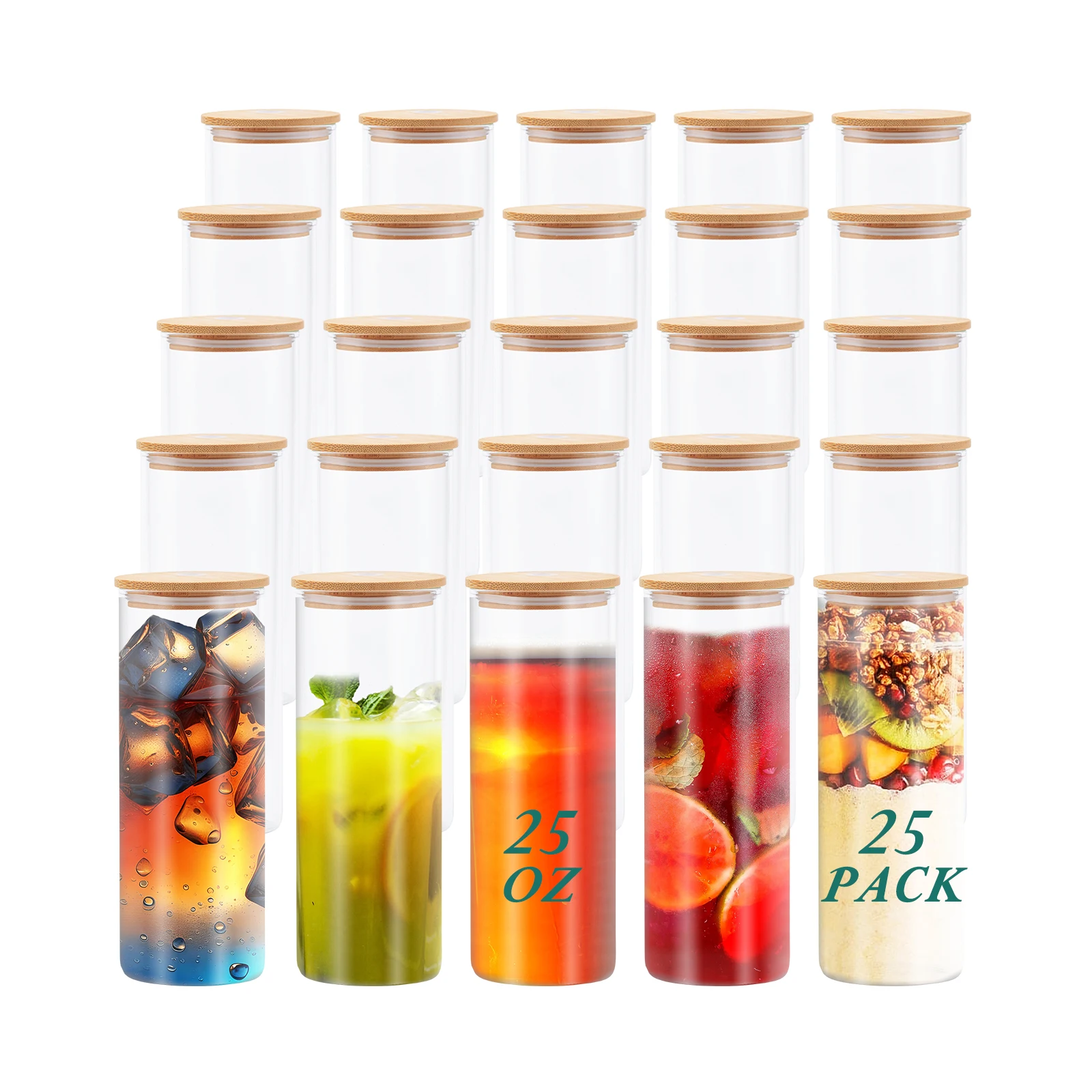 25oz Sublimation Glass Tumblers--Skinny & Straight,Clear Glass Cups with Bamboo Lid,Ideal for Sublimation customiztion 25 Pack