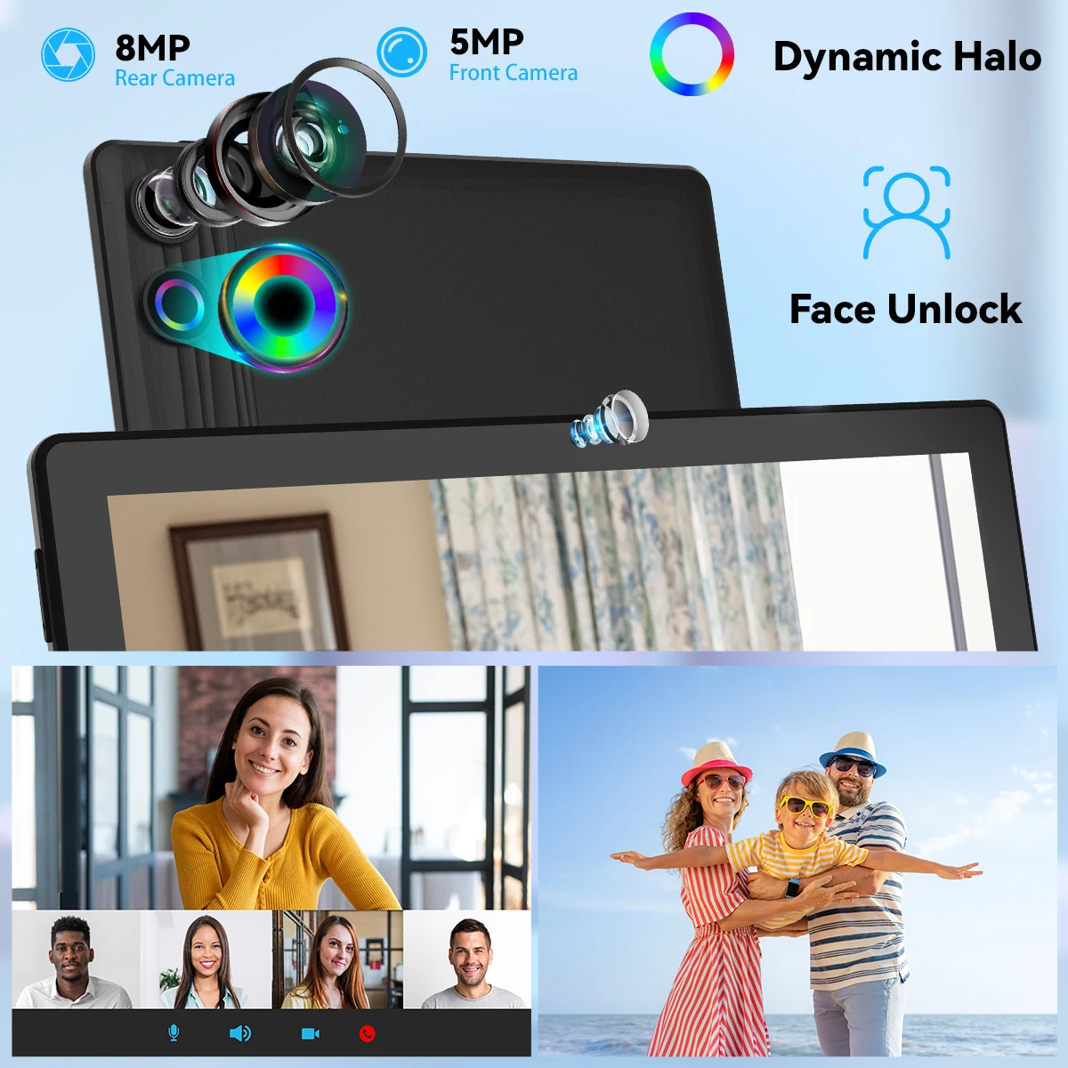 10,1-дюймовый планшет Android 14, 12 ГБ ОЗУ, 64 ГБ ПЗУ, разблокировка лиц, IPS HD-экран с защитным чехлом, стилус, клавиатура, мышь, наушники