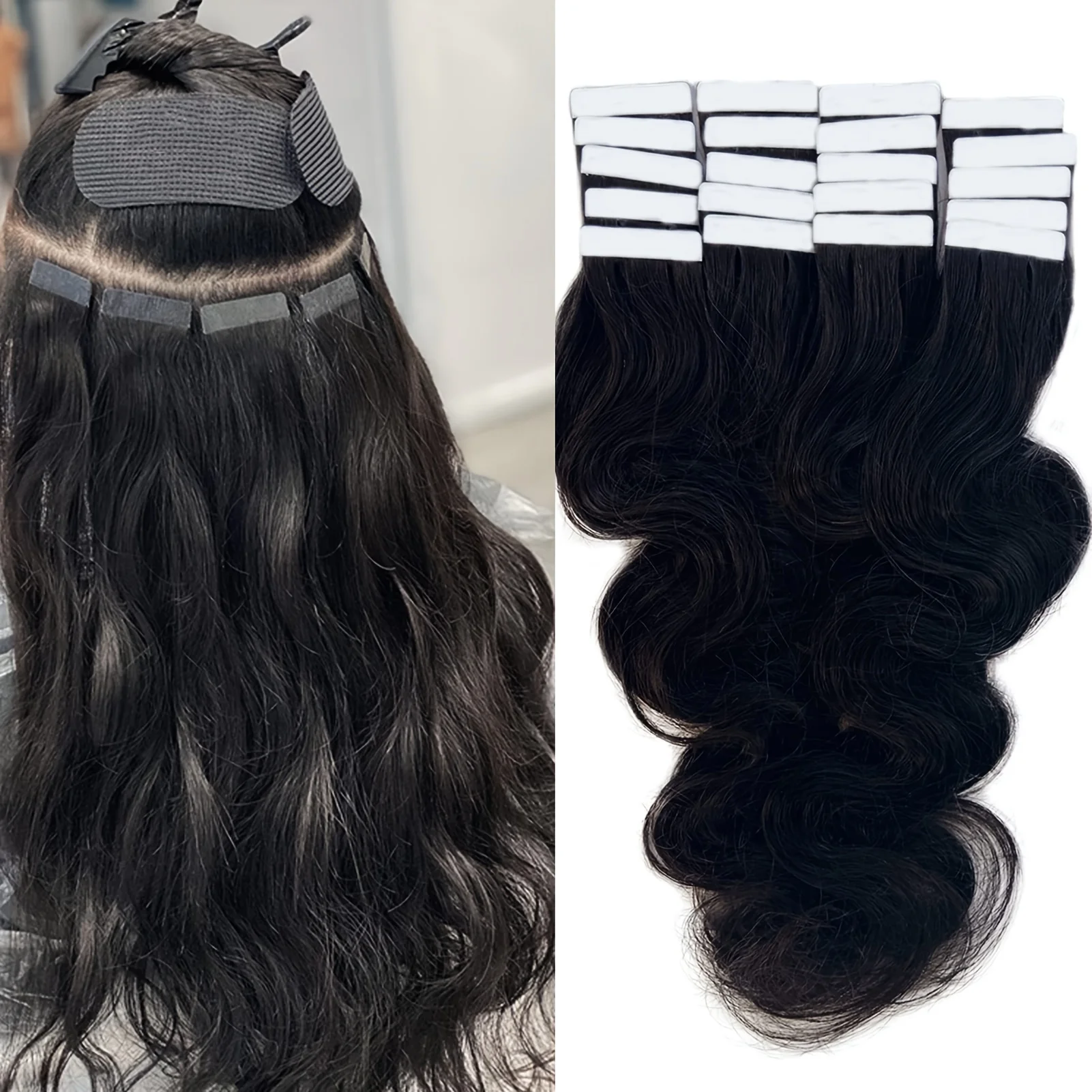 テープ式ヘアエクステンション-100％人毛-ボディウェーブ-スキンウェフト-粘着テープ式-20個入り-ナチュラルブラック