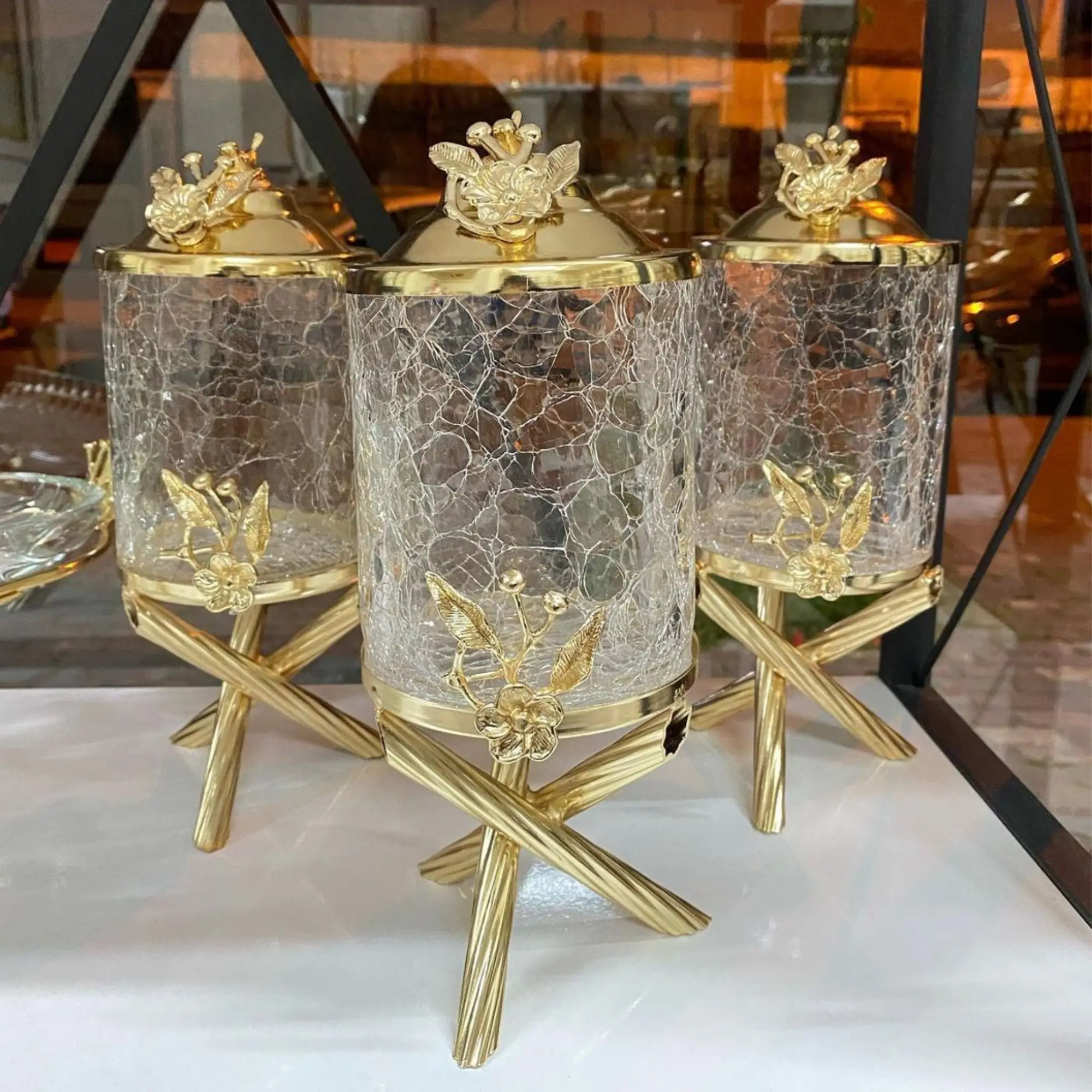 Canister Sets Jars Gold Kitchen Accessories 3 Piece Crystal Glass Stand High Workmanship Metal Tea Sugar Salt Storage Container Durable Sturdy Manufacturing Original Design 5 Star Plated Quality