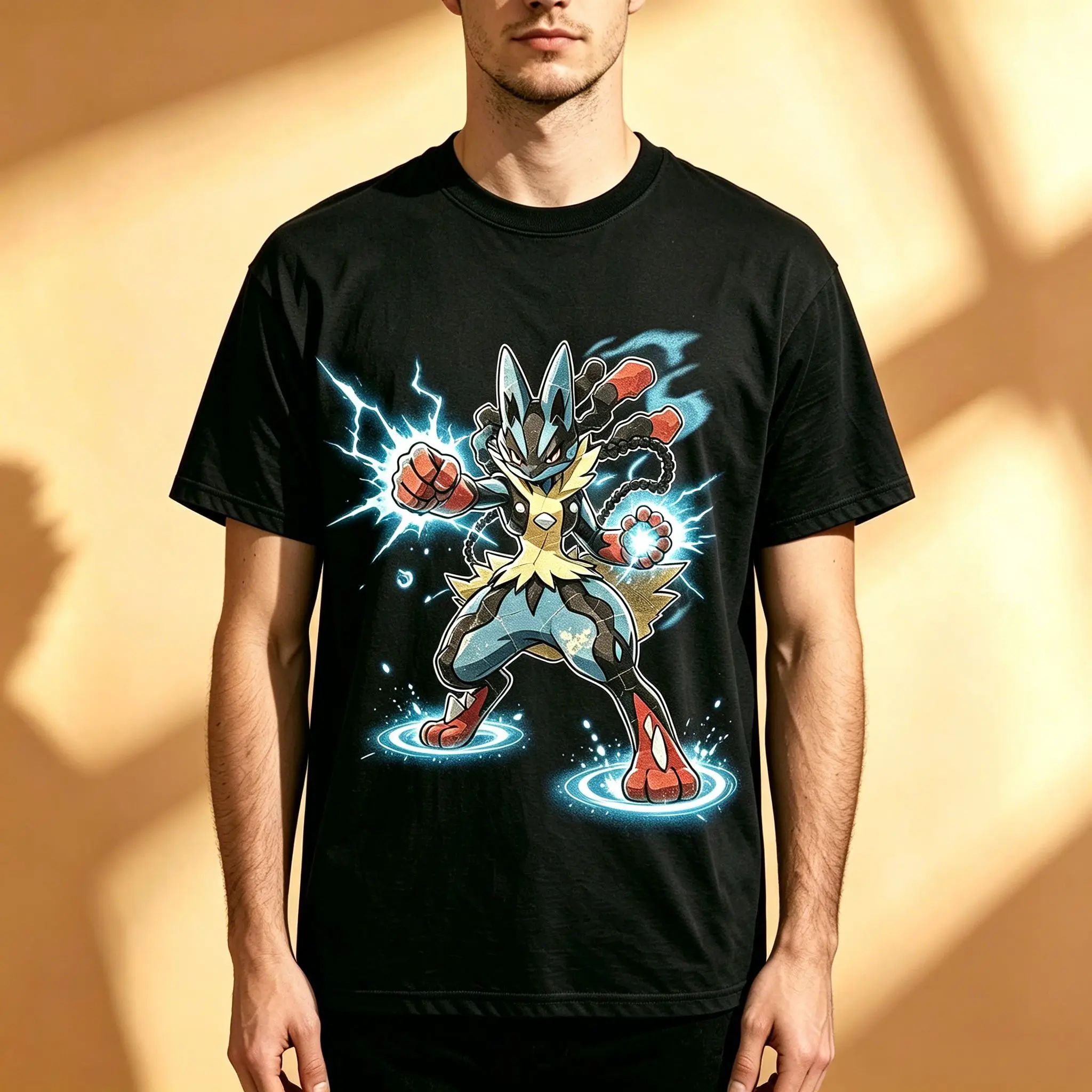 Men's Anime Graphic T-Shirt, Solid Black Pokemon Mega Lucario Lightning Energy Print Soft Breathable Otaku Daily Short Sleeve Te