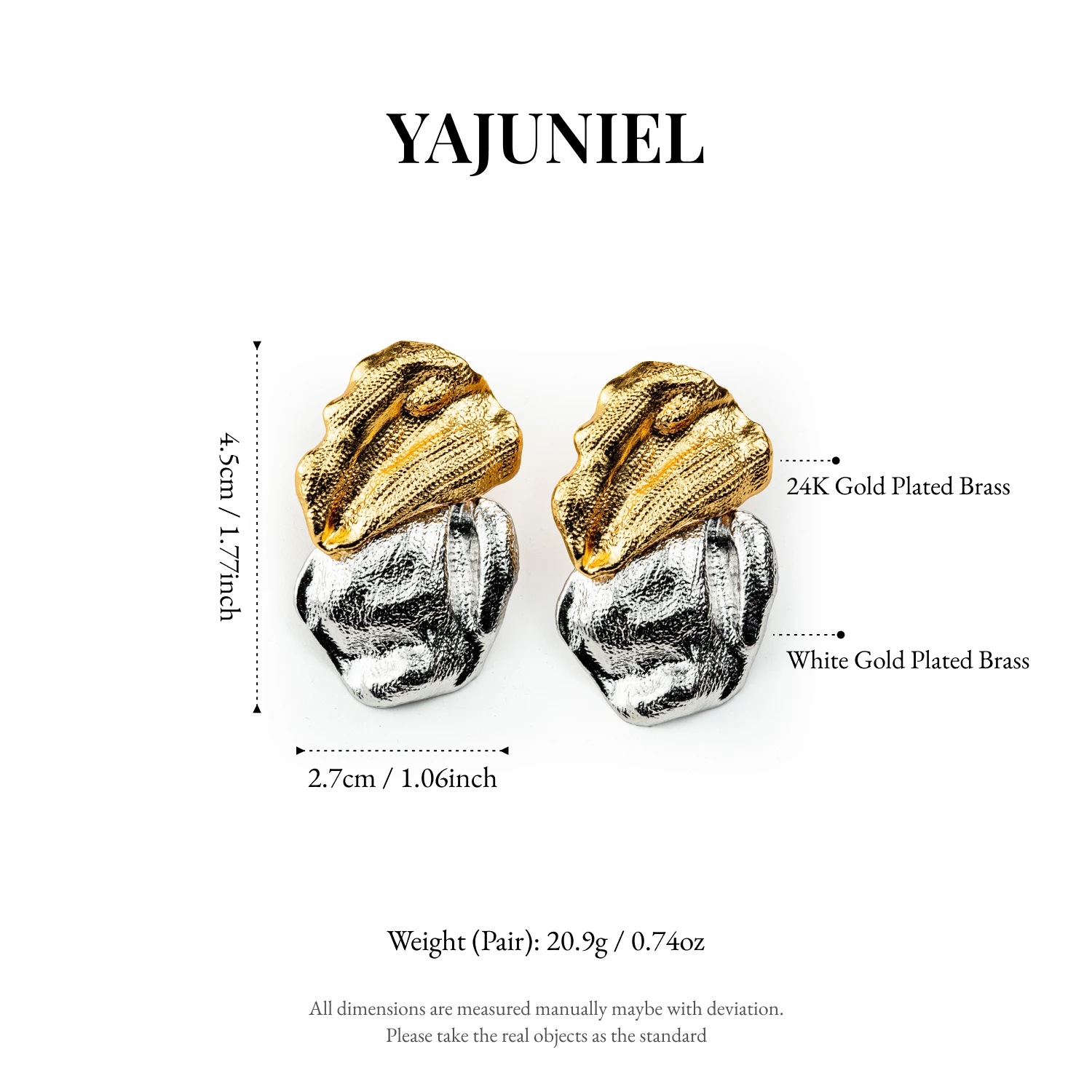 YAJUNIEL Two-Tone Sculpted Texture Stud Earrings 24K Gold & White Gold Plated Hypoallergenic Brass Abstract Earrings for Women