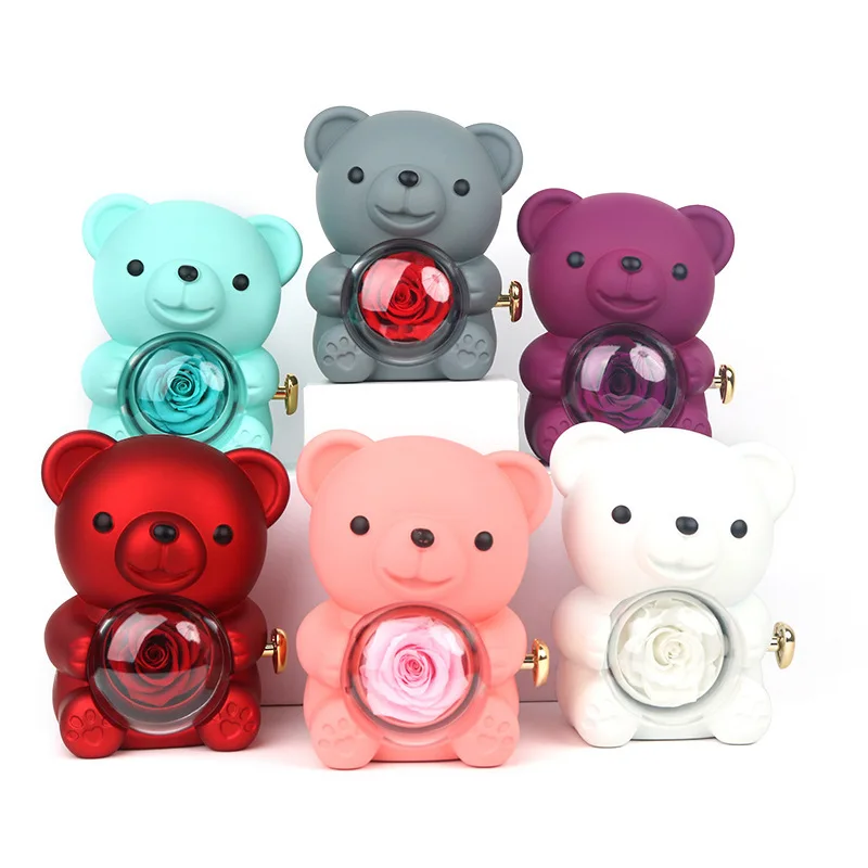 

HOT Valentine's Day Gift Luxury Preserved Rose Jewelry Box Cute Acrylic Rotating Hug Bear Ring Necklace Storage Box For Her