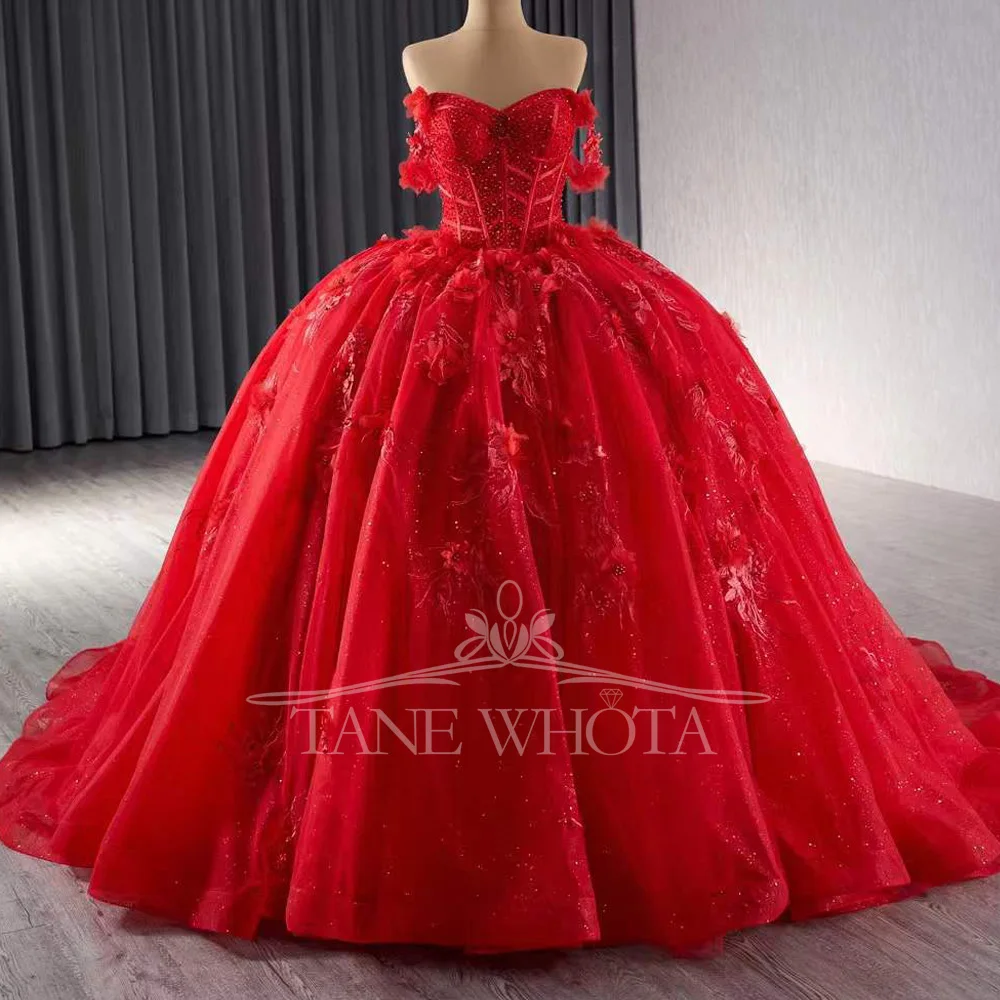 

Красное длинное вечернее платье Quinceañera с открытыми плечами и аппликацией на спине, расшитое бисером, красное длинное вечернее платье для особых случаев
