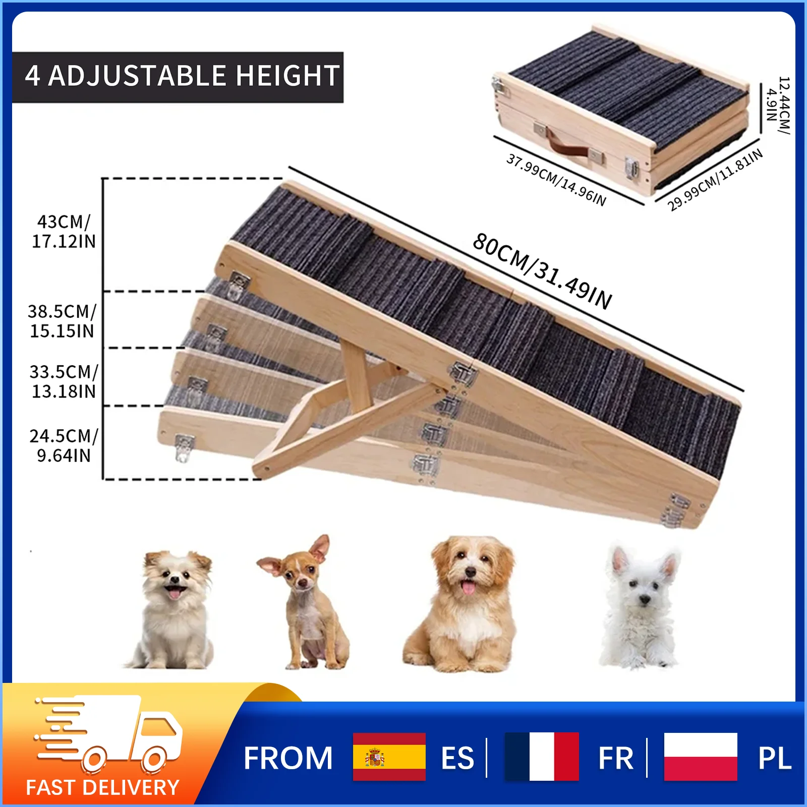 Rampe pliable pour animaux de compagnie, chiens et chats de petite taille, hauteur réglable, surface antidérapante en tapis, construction en bois de sapin, capacité de charge de 50 kg, pour lit,
