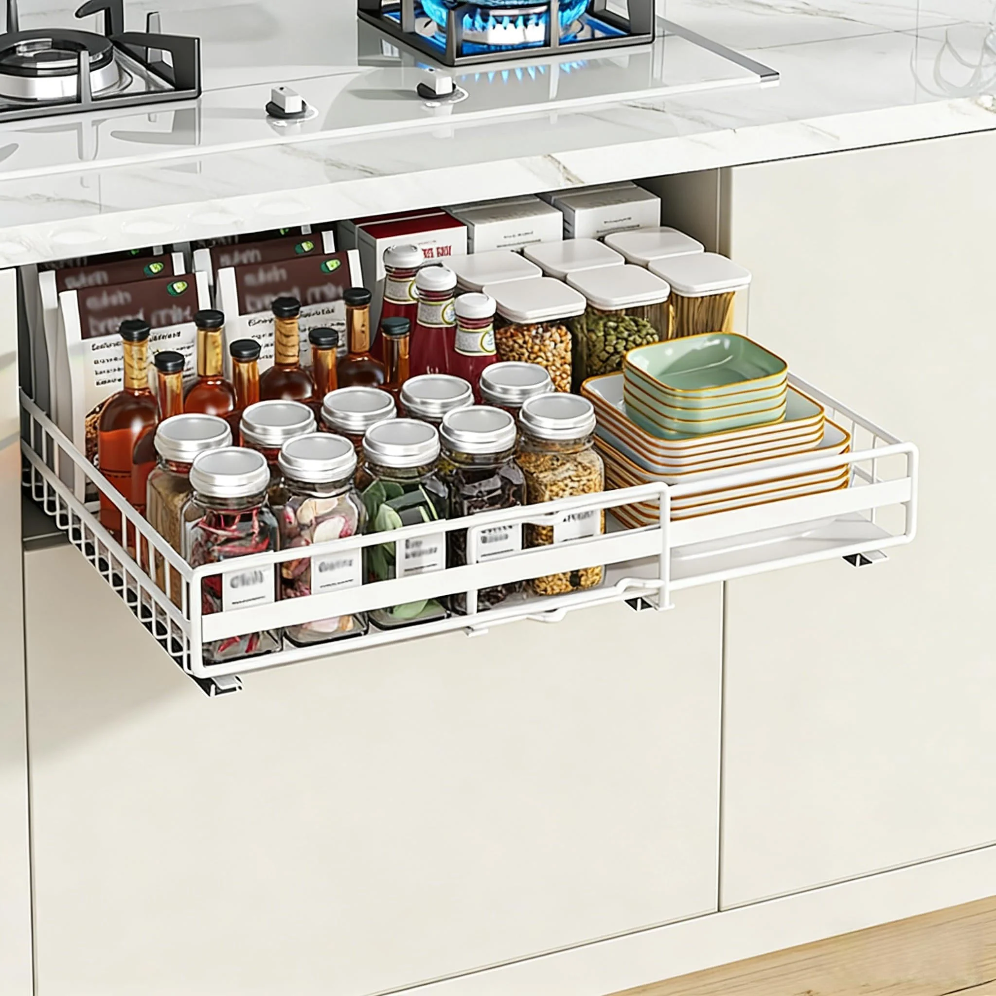 GarveeHome ausziehbarer Küchenschrank-Organizer – Karbonstahl-Schieberegale – Keine Bohrung, platzsparend, einstellbare Breite 31-49cm – Für Vorratskammer, Schrank, Bad – Höhe 8cm