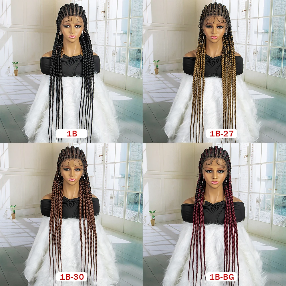 Wig kepang kotak Cornrow renda penuh 36 inci untuk wanita warna hitam Wig kepang Cornrow Wig dewi kepang dengan rambut bayi