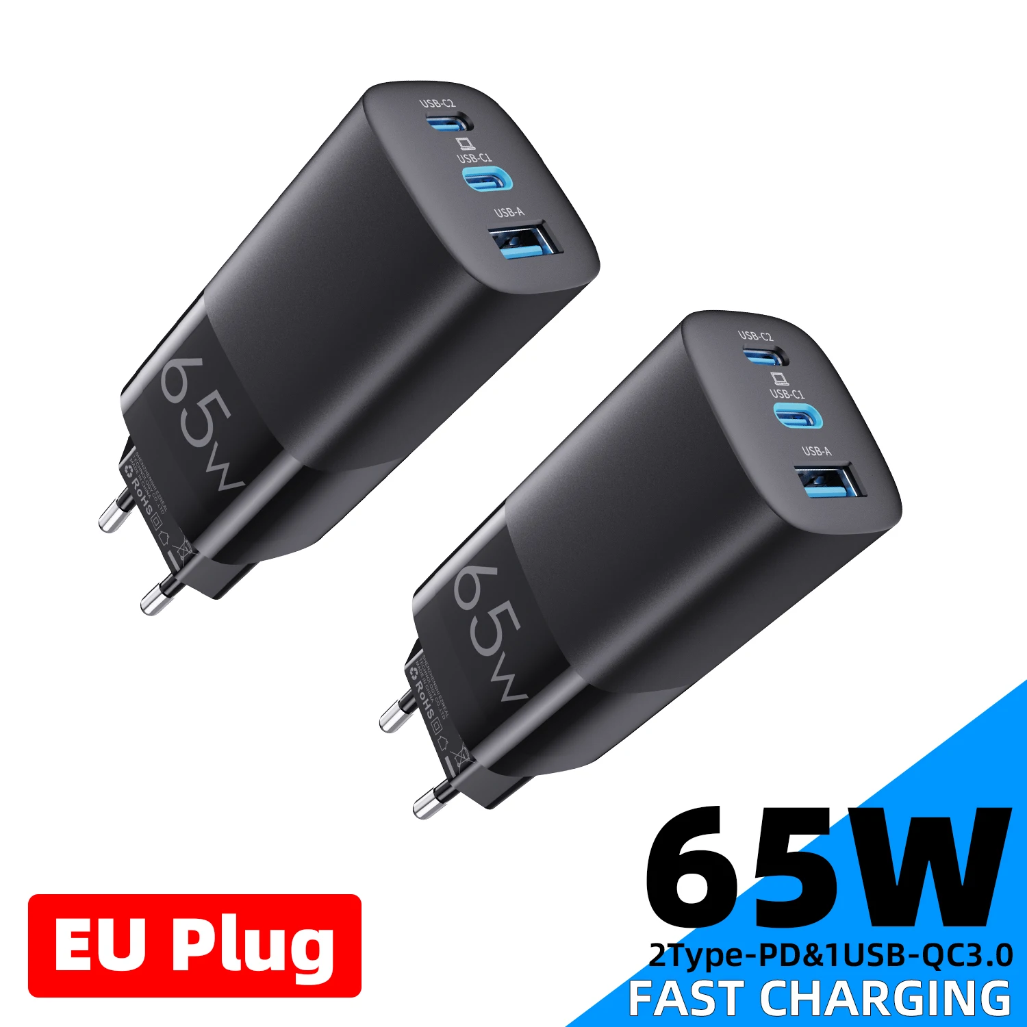 GaN 65W USB-C Ladegerät mit schnellem Laden QC4.0 QC3.0 PD3.0 für iPhone 17 16 15 14 13 12 Xiaomi 12 11 Samsung S23 S22 Laptop