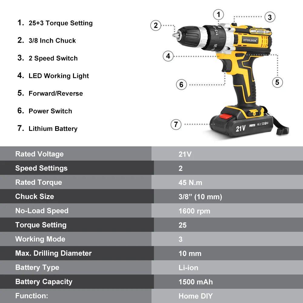 OTOOLSION New 21v Impact Electric Drill Variable Speed Impact Electric Screwdrivers 1500MAh Cordless Drill Lithium Battery