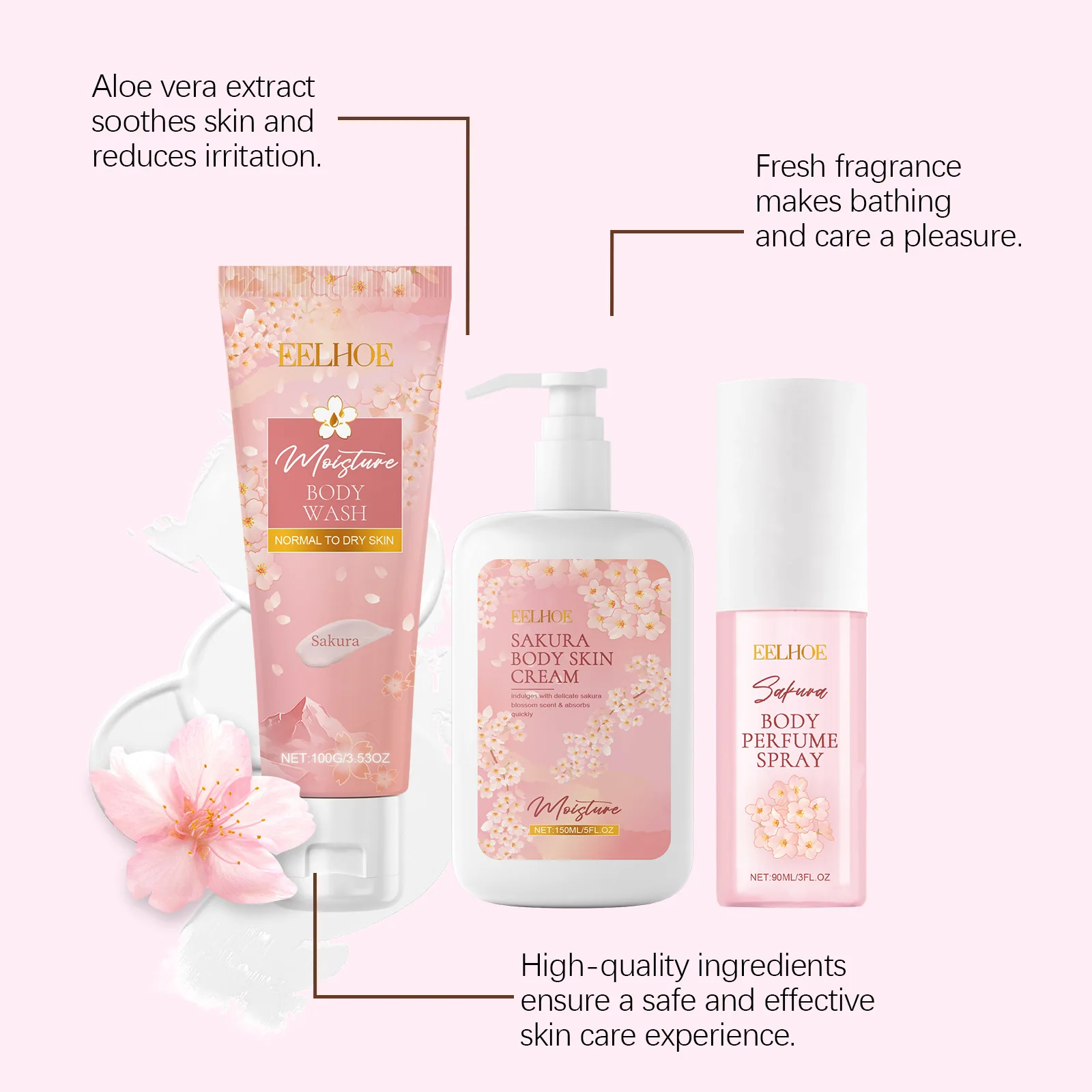 Eelhoe 1set Sakura Body Skincare Set Lasting Moisturizer Brightening Gentle Exfoliating Nourishing Bath Smooth Skin Perfume Set