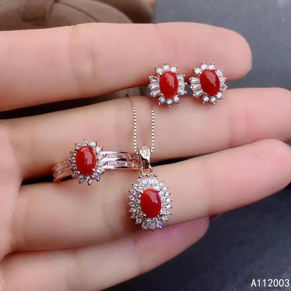 

Jewelry 925 Pure Silver Inlaid with Natural Red Coral Agate Gem Women's Pendant Ring Earnail Set Rose Gold Party Birthday Christ
