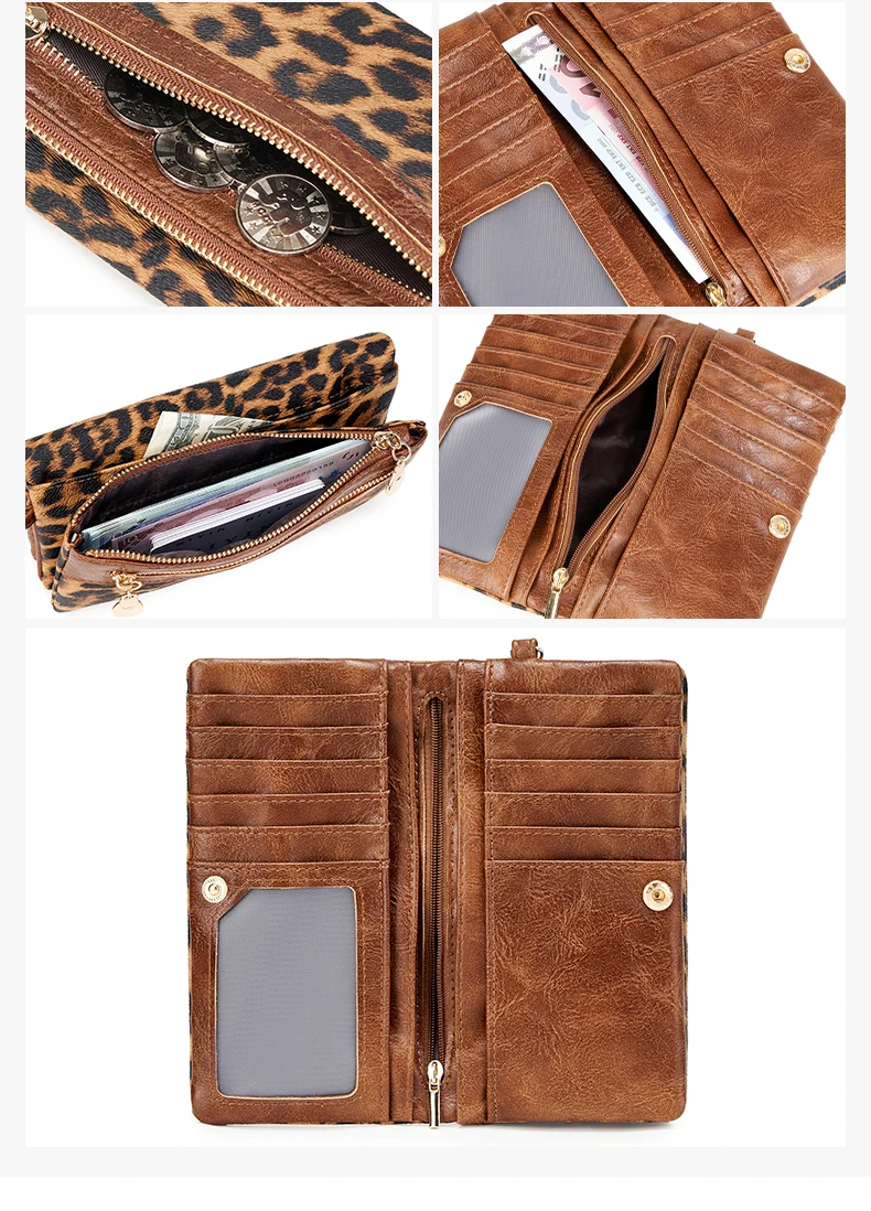 Vintage Damen-Geldbörse mit Leopardenmuster, Doppelreißverschluss, PU-Leder, lange Geldbörse, multifunktionale Kreditkarten-Clutch mit Handgelenkschlaufe – Detail 8