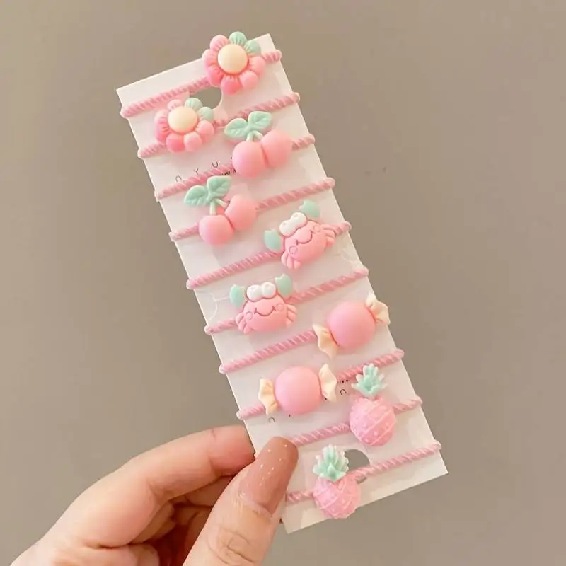 10pcs Kids Girls Tie Cute Flowers Decor Rubber Bands Hair Rope  Accessories