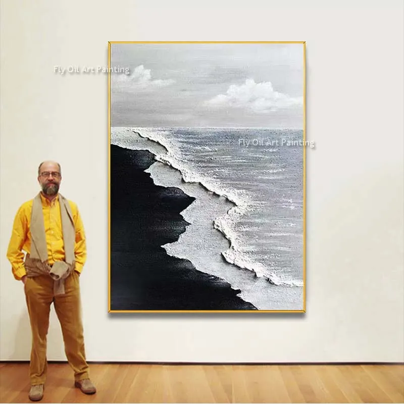 Modern Abstract Black And White Sea Waves Knife Thick Oil Painting On Canvas Abstract Hand Painted Large Wall Art For Home Decor