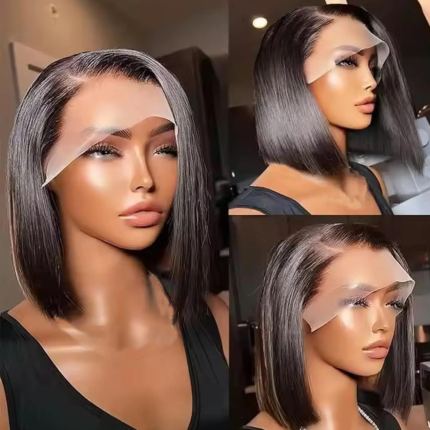 

Short Bob Wigs Bone Straight 13x4 Hd Lace Front Wig 200%Density 13X4 Remy Hair Transparent Lace Full Lace Frontal Human Hair Wig