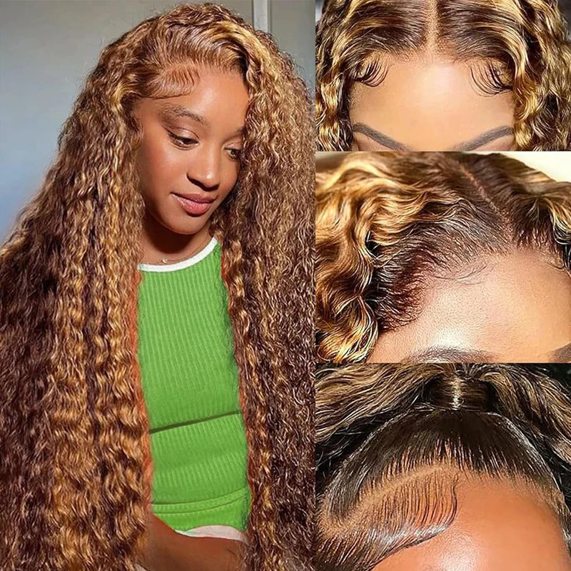 30 Inch #4/27 Highlight Ombre 13x6 Lace Frontal Wig Water Wave Human Hair Wigs 13x4 Transparent Curly Wave Lace Frontal Wig