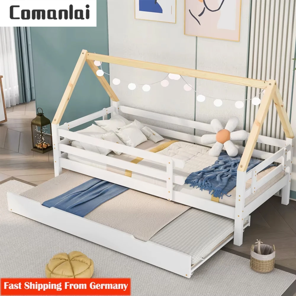 Comanlai Lit simple en forme de maison 90 x 200 cm, lit extractible, bois massif, lit enfant avec protection contre les chutes, pour filles et garçons